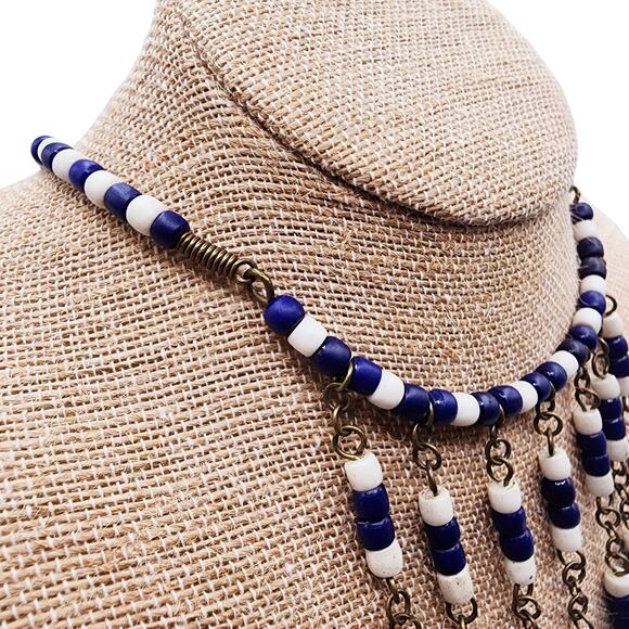 Vintage 1970s Boho Brass Fringe Bib Necklace Blue White Ceramic Beads Festival - Picture 6 of 8